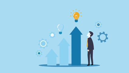 Business growth innovation concept with idea light bulb man looking at arrow success and financial