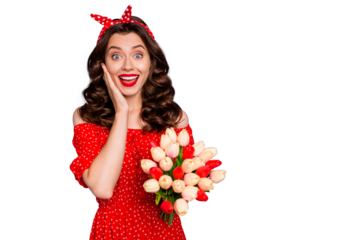 Photo of overjoyed pretty lady holding big tulips bunch hands wear red dress isolated purple background