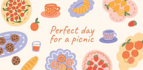 Picnic food and drinks on light background. Cherry tart, croissant, citrus fruits, cookies, tea cups, bread. Summer weekend lunch outdoors. Flat colorful vector illustration.