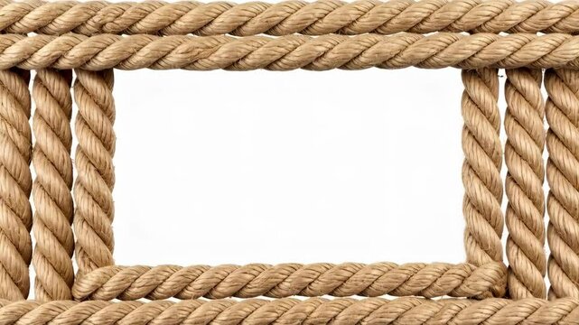 Thick natural rope forming a rectangular frame on a white background, suitable for a nautical or rustic theme with copy space.