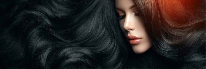 Obraz premium Elegant Stylish Brunette Woman with Long Shiny Wavy Hair Posing Confidently for Fashion Shoot