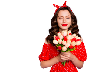 Photo of pretty lady holding big tulips bunch hands enjoy smell wear red dress isolated purple background