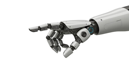 A metallic robotic hand, precisely crafted with articulated fingers, extending a pointing gesture, embodies the futuristic concepts of technology and artificial intelligence.