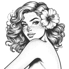 beautiful freckled woman with wavy hair and a hibiscus flower sketch engraving generative ai fictional character raster illustration. Scratch board imitation. Black and white image.