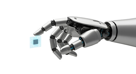 Robotic hand delicately holding a microchip, showcasing advanced technology and precision engineering.  