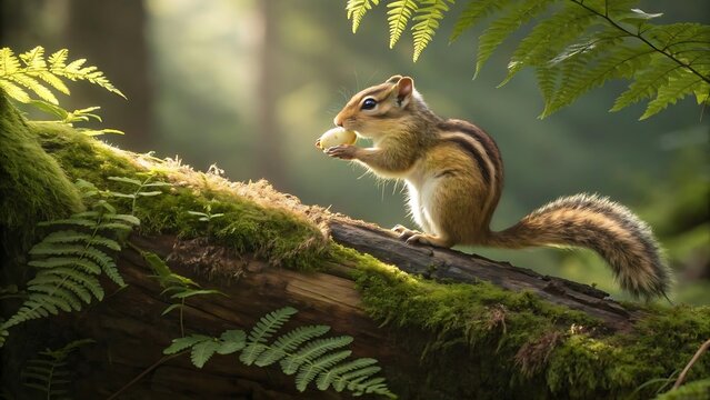 Adorable Chipmunk Eating Nut on Moss-Covered Log in Forest
