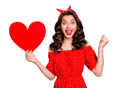 Photo of pretty lady holding big paper heart got prom invitation wear red dress isolated purple background