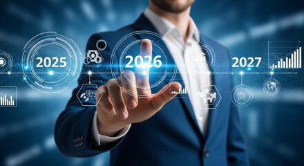 Businessman Interacting with Futuristic Interface Displaying Years 2025, 2026, and 2027
