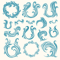 Rich decorative set of stylized wave elements and round frames. Elegant swirls in baroque and marine style for abstract compositions, packaging, or branding design