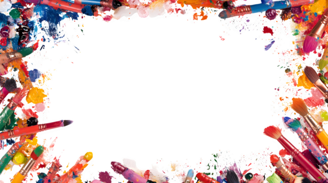 Art supplies photo frame, rectangular shape, border made of scattered cartoon crayons, paint brushes, paint tubes, and colored pencils, vibrant artist - Powered by Adobe