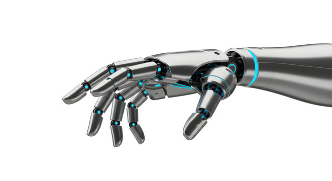 An artful robotic hand with metallic and futuristic design reaching out. A technological marvel.