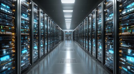 Data center: A long row of server racks, bathed in the glow of server lights, indicating high processing and storage capacity. Modern infrastructure.