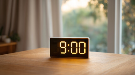 digital clock showing 9:00, glowing LED display, modern minimalist design