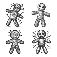 voodoo dolls with stitched faces and piercing pins Set collection bundle sketch engraving generative ai raster illustration. Scratch board imitation. Black and white image.