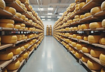 Cold storage room filled with stacked cheese wheels, showcasing organized dairy storage