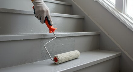 Hand in Glove Painting Wooden Stairs Grey with Roller. Home Renovation and DIY Improvement Project. Interior Decorating.