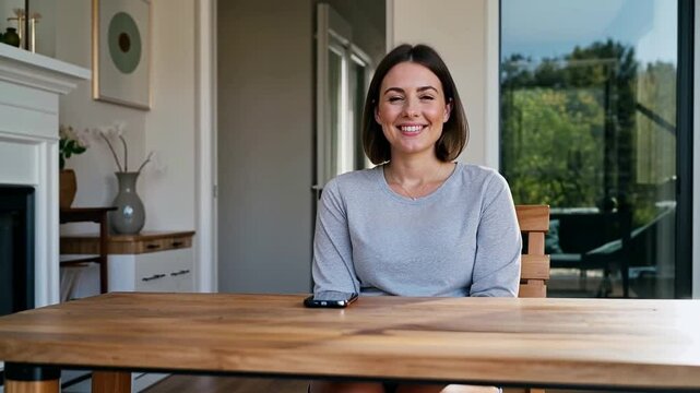 White woman enjoying peaceful digital detox moment at home, smiling with eyes closed, soft natural lighting, emotional calm, candid lifestyle scene