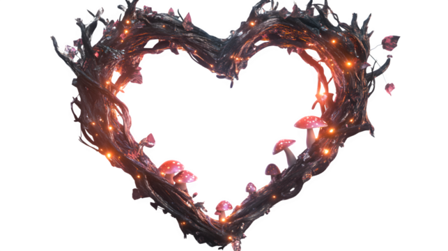 Fairy Tale photo frame, whimsical heart shape, crafted from gnarled, sparkling crystal branches, adorned with tiny glowing fairy lights and miniature mushroom figures, 