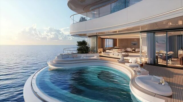 Luxurious yacht with infinity pool, expansive deck, and panoramic ocean views