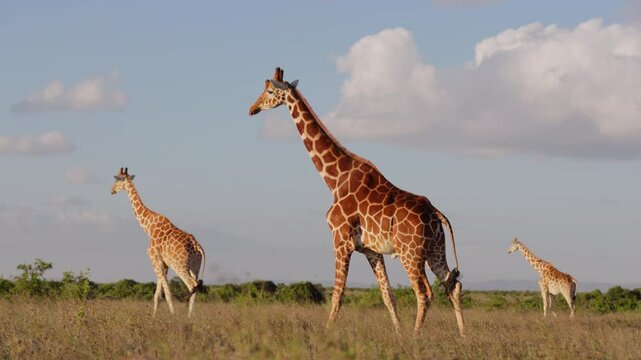 Very wide gimbal tracking of tower of Reticulated giraffe (Giraffa c. reticulata) walking in savannah with birds fly by in morning in Kenya