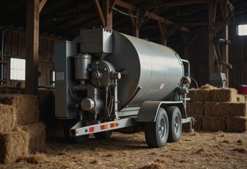 Livestock feed mixer operating in a barn, surrounded by hay bales
