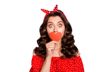 Beautiful lady holding little heart figure card hiding mouth promise to shut up wear red dress...