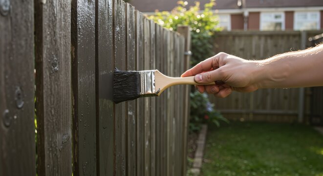 Close-up of a Caucasian man's hand painting a wooden garden fence with a brush. DIY home improvement project, applying dark protective paint outdoors in the backyard.