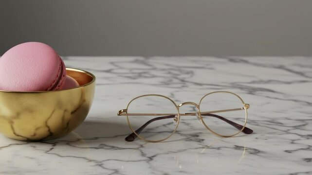 Pink macarons in a gold bowl next to gold framed glasses on a marble surface with gray background