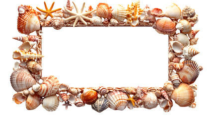 Ornate Seashell photo frame, rectangular shape, entirely covered in carefully arranged, realistic seashells of various types and sizes, natural colors, coastal theme, hyperrealistic texture, 