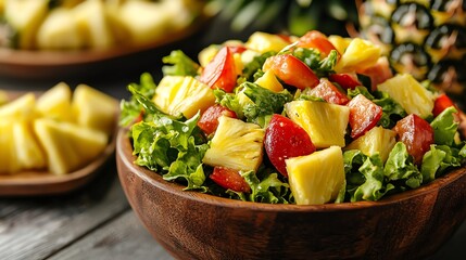 Fresh summer salad served in a hollowed-out pineapple for a tropical presentation