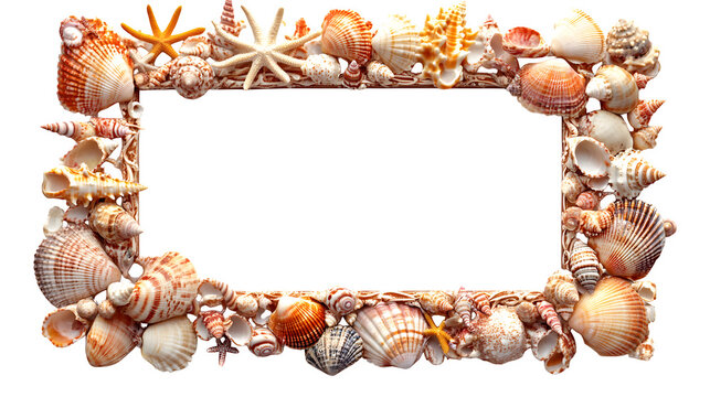 Ornate Seashell photo frame, rectangular shape, entirely covered in carefully arranged, realistic seashells of various types and sizes, natural colors, coastal theme, hyperrealistic texture, 