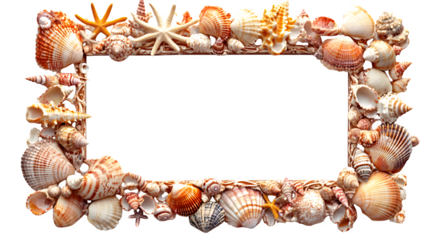 Ornate Seashell photo frame, rectangular shape, entirely covered in carefully arranged, realistic seashells of various types and sizes, natural colors, coastal theme, hyperrealistic texture, 