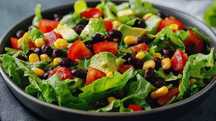 Hearty summer salad with black beans, corn, and avocado dressing