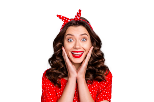 Photo of beautiful charming rejoicing girlfriend who cannot help admiring camera while isolated with violet background