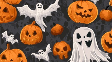 Playful Halloween Vector Pattern with Ghosts, Pumpkins, and Spooky Elements for Festive Fun