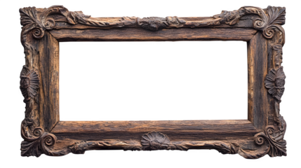 Rustic Ornate photo frame, rectangular shape, made from naturally weathered wood beams joined with decorative wrought iron brackets, carved leaf motifs on iron, hyperrealistic textures, 