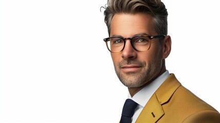perfectly composed portrait of a businessman wearing glasses and a sleek golden suit 