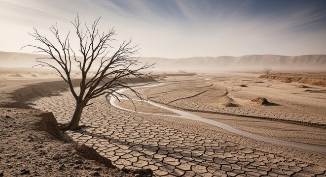 Drought-stricken landscape with a dead tree and a dried riverbed