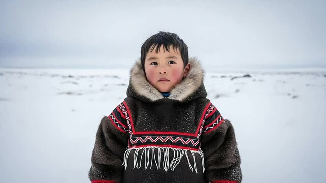 Young Inuit boy stands in a snowy landscape. He wears a traditional fur-lined parka with colorful patterns. The sky is overcast, creating a cold atmosphere.