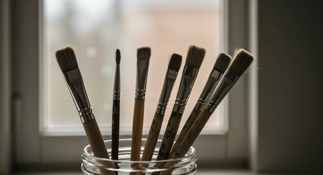 Collection of assorted artist paintbrushes with wooden handles in a clear glass jar, placed by a window with soft natural light, ready for creative painting.