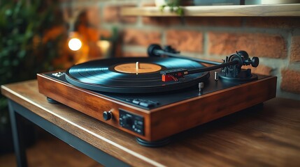 Vintage Vinyl: A classic wooden turntable plays a vinyl record on a rustic table, the warm glow of the room highlighting the vintage charm and nostalgic feel of analog music.