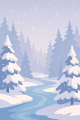 Obraz premium A serene stylized winter scene showcases a snow-covered forest with a gracefully winding river, embraced by softly falling snow, evoking tranquility, seasonal charm, and the quiet beauty of nature.