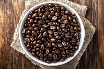 Fototapeta premium White ceramic bowl filled with roasted coffee beans, showcased on wood.