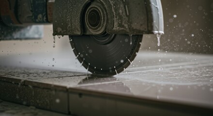Close up of a wet circular saw blade cutting through ceramic tiles. Water sprays as the power tool makes a precise incision. Industrial equipment for construction and renovation.