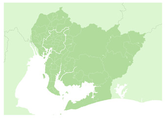 日本の都市、愛知県の行政区分付きの地図（市町村など行政区分の線付き）