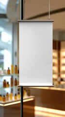 A stunning image of blank white banner hangs on pharmacy store window. Store interior is visible through the glass. Possible advertisement or promotion. Location is likely a local.