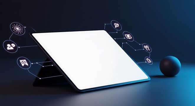 Illuminated digital tablet with abstract icons - Powered by Adobe