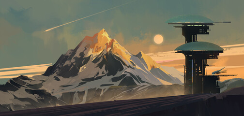 Drawn fantastic mountain landscape. Drawn mountain station and starship