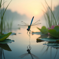 dragonfly on the grass-Blue Dragonfly with Perfect Water Reflection - Serene Nature Photography