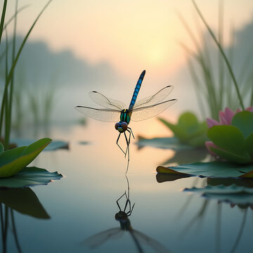 dragonfly on the grass-Blue Dragonfly with Perfect Water Reflection - Serene Nature Photography